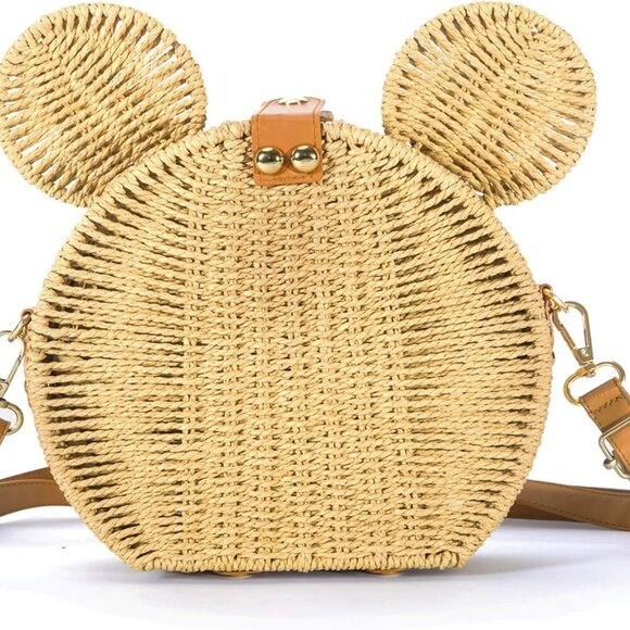 Handmade Round Rattan Straw Bag with Cute Mouse Ears - Stylish Crossbody Purse - Picture 1 of 9